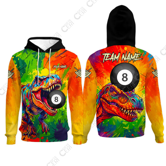 Customized 8 Ball Pool Hoodies, Dinosaur Colorful Splash Paint Billiard 8-Ball, Personalized Billiards Jersey