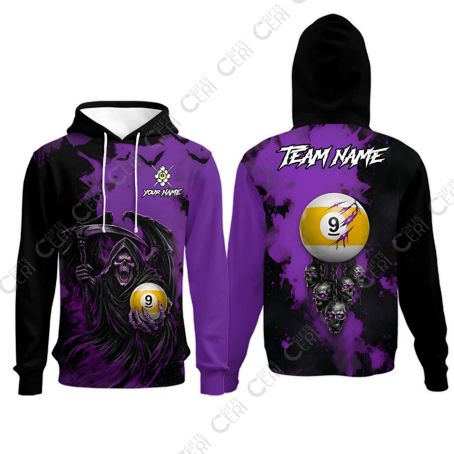 Customized 9 Ball Pool Hoodies, Billiard Death Skull Paint Splash 9-Ball, Billiards Jersey