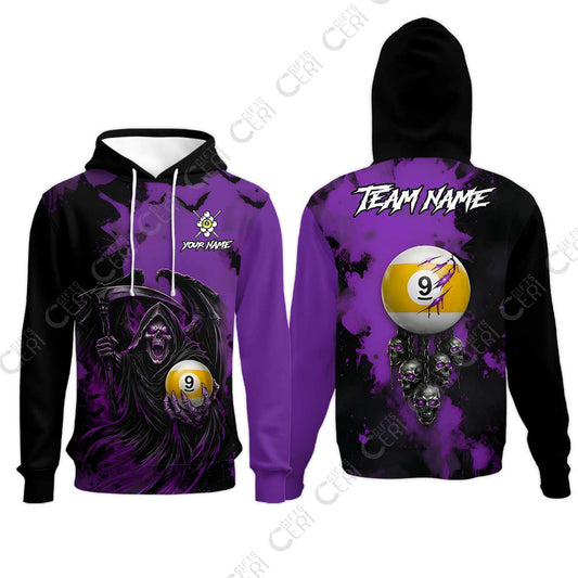 Customized 9 Ball Pool Hoodies, Billiard Death Skull Paint Splash 9-Ball, Billiards Jersey