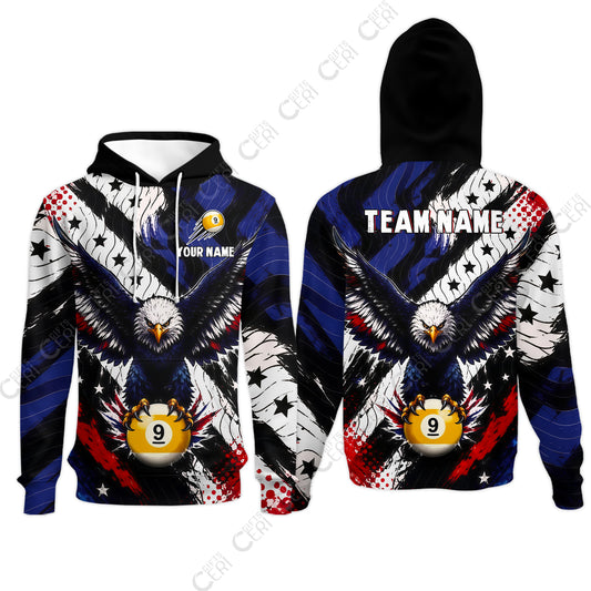 Customized 9 Ball Pool Hoodies, Eagle Holding Ball American Flag 9-ball, Personalized Billiards Jersey