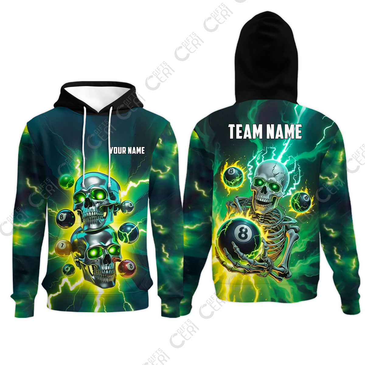 Customized 8 Ball Pool Hoodies, Billiards 8-Ball Thunder Skull, Billiards Jerseys