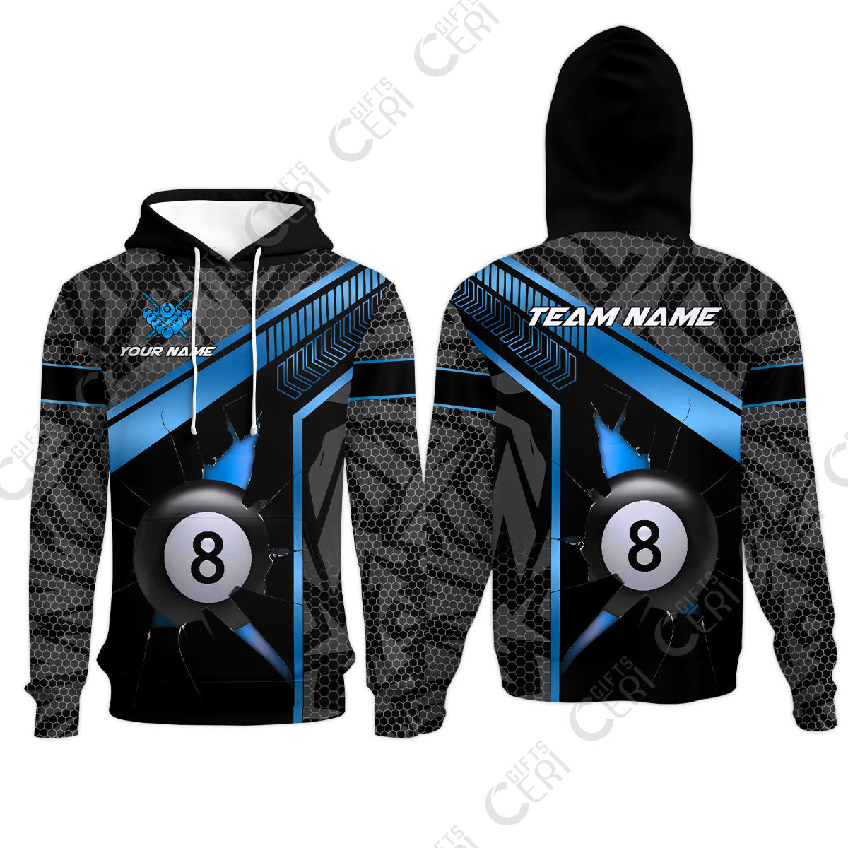 Customized Billiards Hoodies, Personalized Hexagonal Patterns With A Cracked Glass 8 Ball Jersey