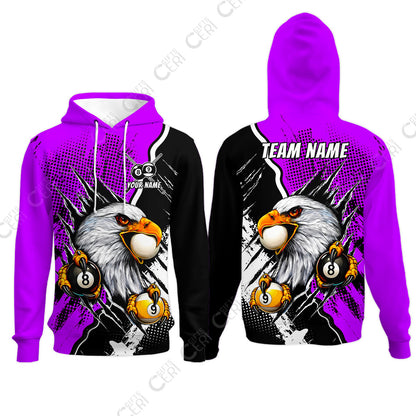 Customized Billiards Hoodies, 8 & 9 Ball Billiard Eagle Comic Dot Halftone Background Color, Billiards Jerseys