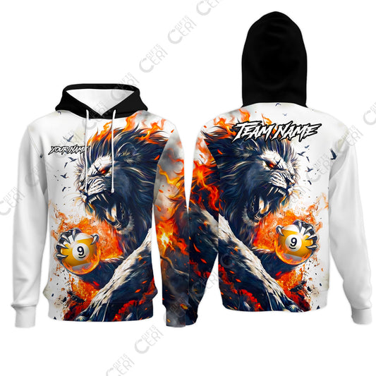 Customized 9 Ball Pool Hoodies, Lion Fire Lava 9-Ball, Personalized Billiards Jersey