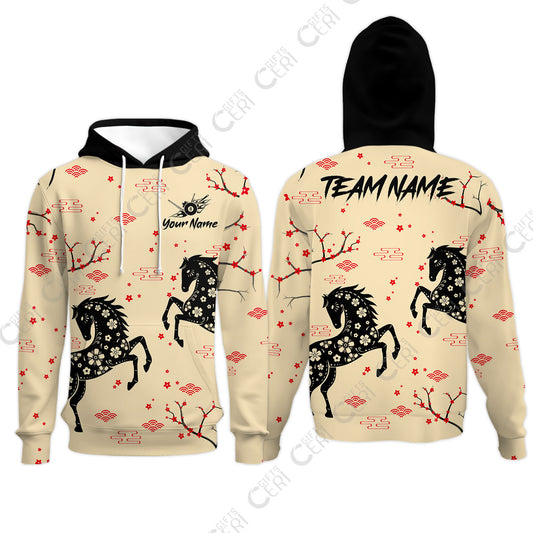 Customized 8 Ball Pool Hoodies, Floral Pattern Horse Cherry Blossom, Personalized Billiards Jersey