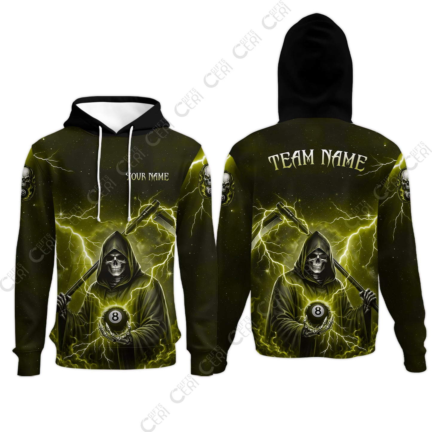 Customized 8 Ball Pool Hoodies, Lightning And Flame Grim Reaper With 8 Ball, Personalized Billiards Jersey