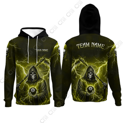 Customized 8 Ball Pool Hoodies, Lightning And Flame Grim Reaper With 8 Ball, Personalized Billiards Jersey