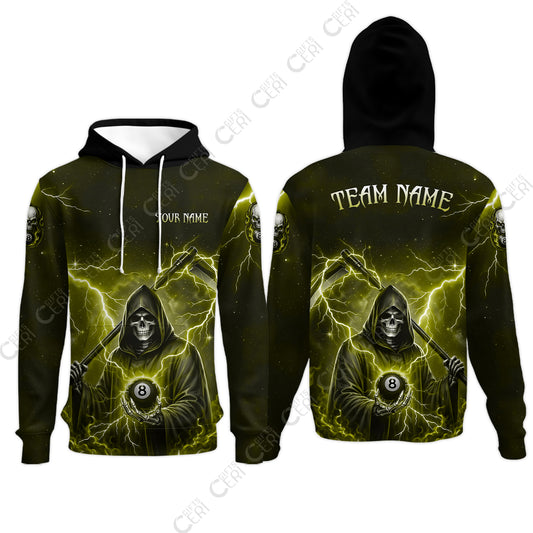 Customized 8 Ball Pool Hoodies, Lightning And Flame Grim Reaper With 8 Ball, Personalized Billiards Jersey