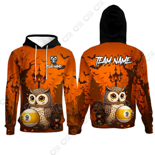 Customized 9 Ball Pool Hoodies, Halloween Owl Holding 9-Ball, Personalized Billiards Jersey