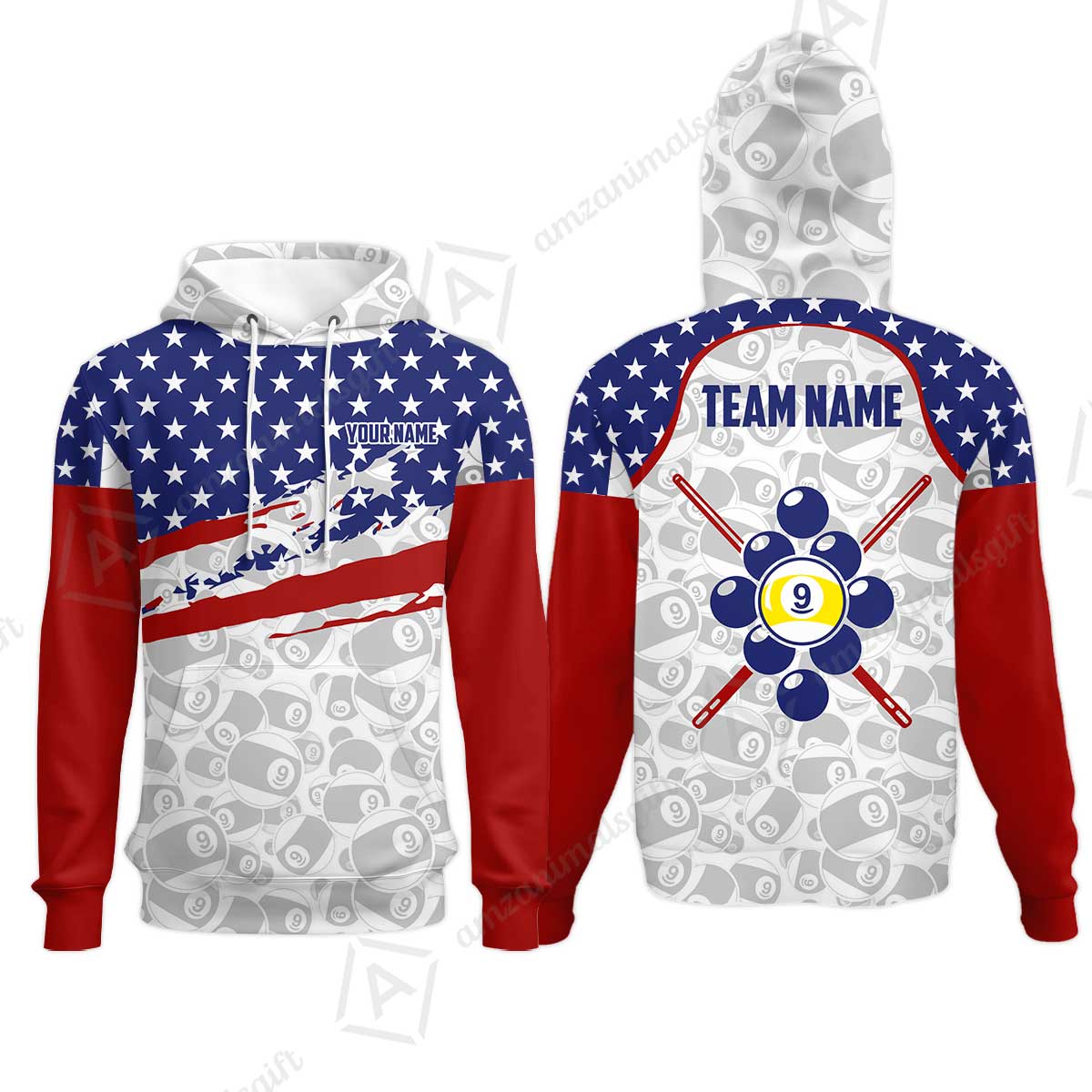 Customized 9 Ball Pool Hoodies, American Star Flag Billiard 9-ball, Personalized Billiards Jersey