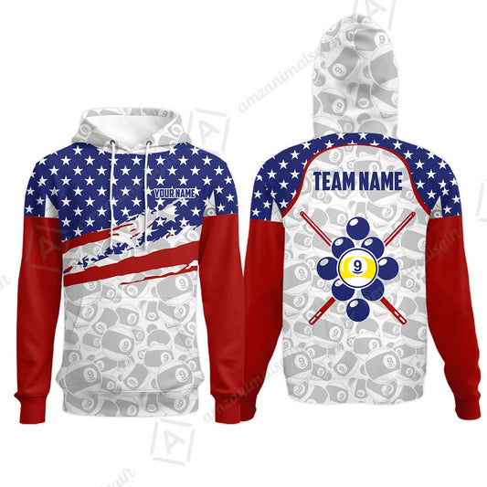 Customized 9 Ball Pool Hoodies, American Star Flag Billiard 9-ball, Personalized Billiards Jersey