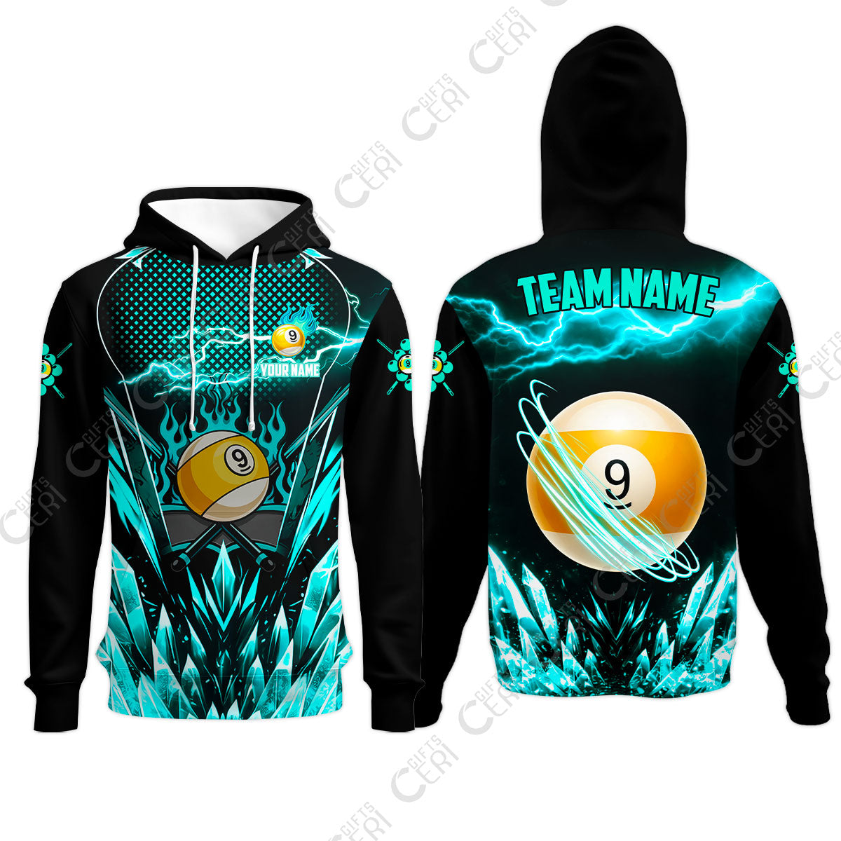 Customized 9 Ball Pool Hoodies, Electric Lightning Crystal, Billiards Jerseys