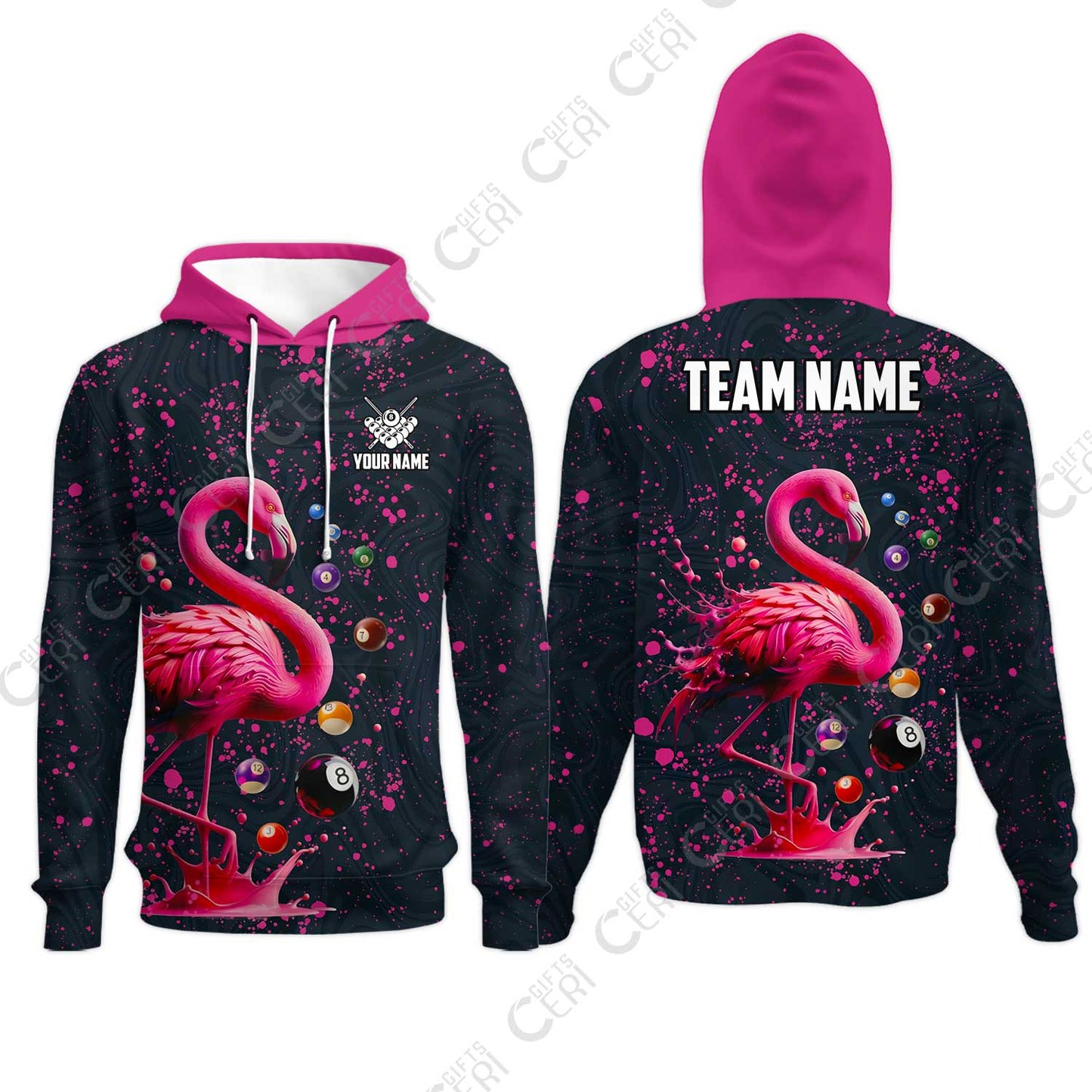 Customized 8 Ball Pool Hoodies, Flamingo Pink Splat Billiard, Personalized Billiards Jersey