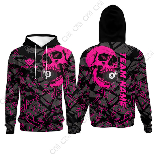 Customized 8 Ball Pool Hoodies, Billiard Pink Skull, Personalized Billiards Jersey