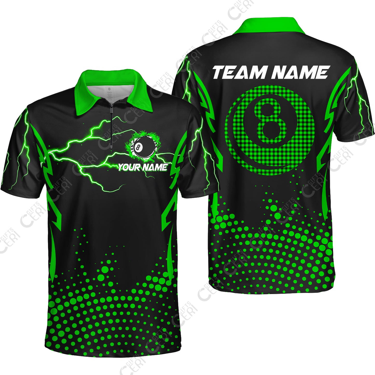 Customized Billiards Quarter-Zip Polo Shirt, Lightning Graphics With Dots 8 Ball Pool Jersey