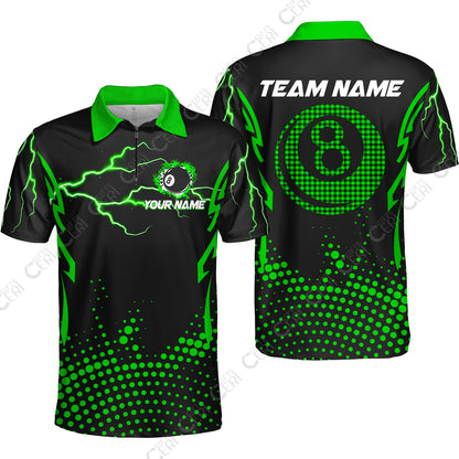Customized Billiards Quarter-Zip Polo Shirt, Lightning Graphics With Dots 8 Ball Pool Jersey