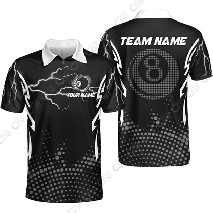 Customized Billiards Quarter-Zip Polo Shirt, Lightning Graphics With Dots 8 Ball Pool Jersey