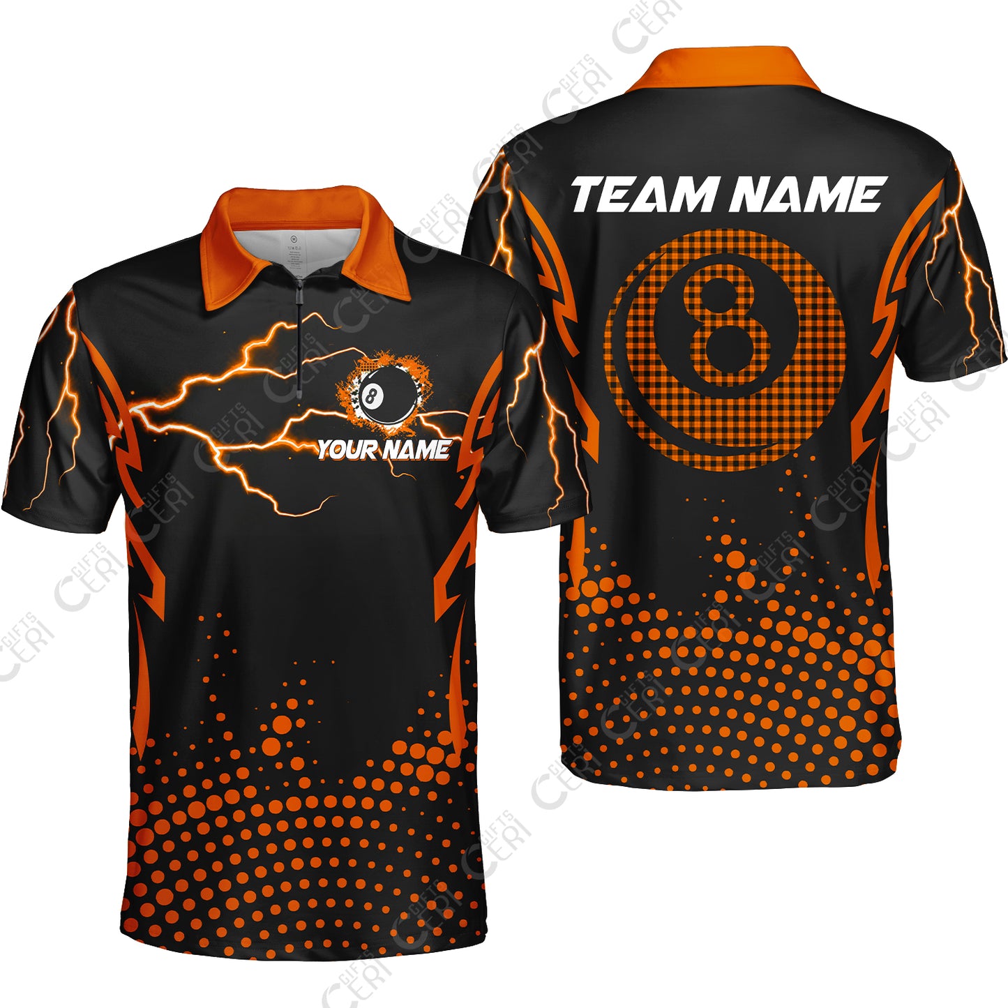 Customized Billiards Quarter-Zip Polo Shirt, Lightning Graphics With Dots 8 Ball Pool Jersey
