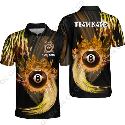 Customized 8 Ball Pool Quarter-Zip Polo Shirt, 8-Ball Swirling Fire And Glowing Smoke, Billiards Jerseys