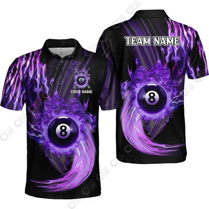 Customized 8 Ball Pool Quarter-Zip Polo Shirt, 8-Ball Swirling Fire And Glowing Smoke, Billiards Jerseys