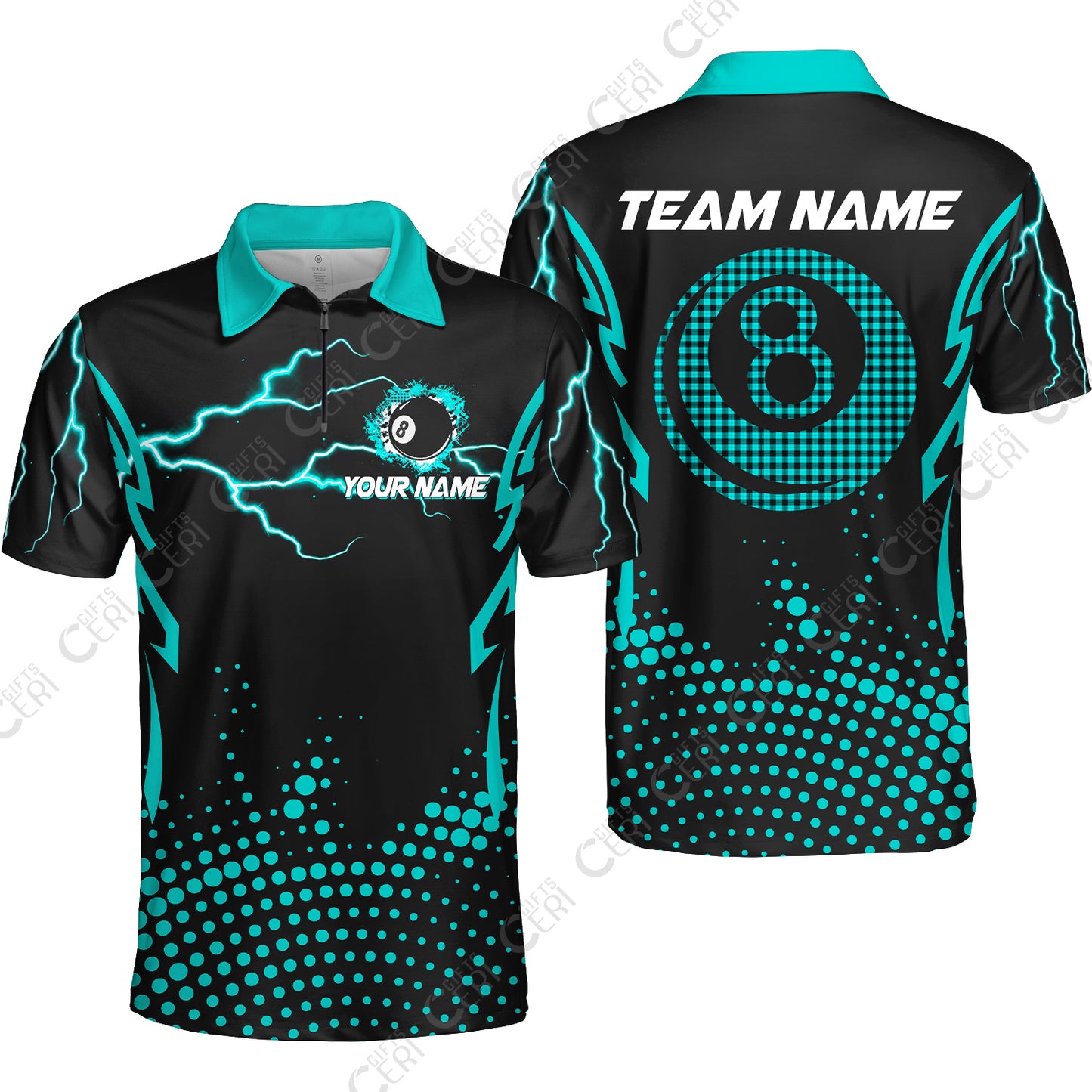 Customized Billiards Quarter-Zip Polo Shirt, Lightning Graphics With Dots 8 Ball Pool Jersey