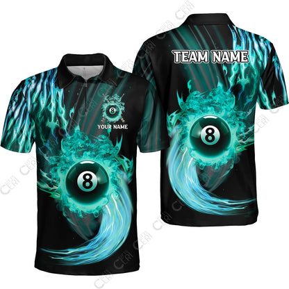 Customized 8 Ball Pool Quarter-Zip Polo Shirt, 8-Ball Swirling Fire And Glowing Smoke, Billiards Jerseys