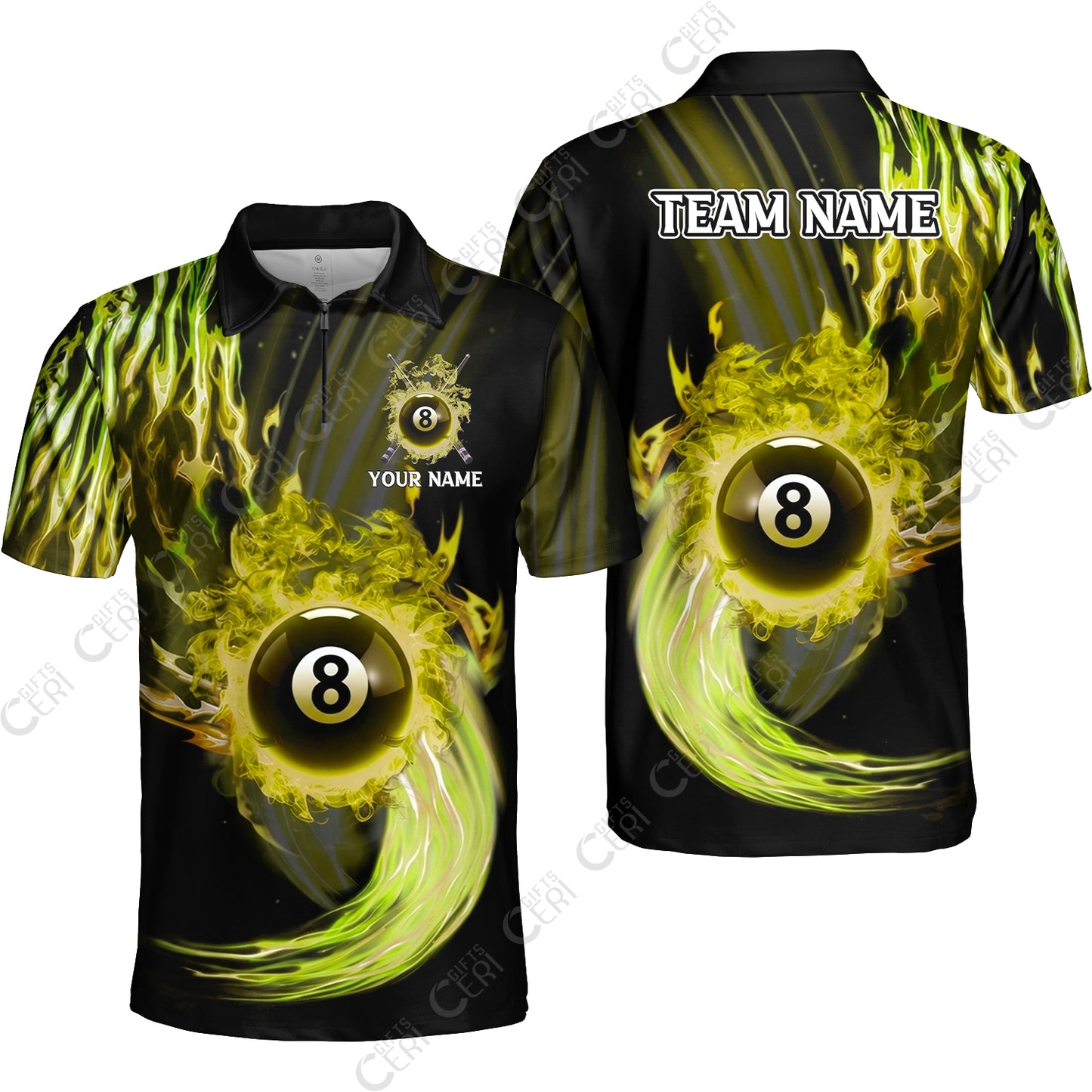 Customized 8 Ball Pool Quarter-Zip Polo Shirt, 8-Ball Swirling Fire And Glowing Smoke, Billiards Jerseys