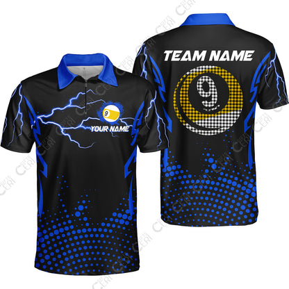 Customized Billiards Quarter-Zip Polo Shirt, Lightning Graphics With Dots 9 Ball Pool Jersey