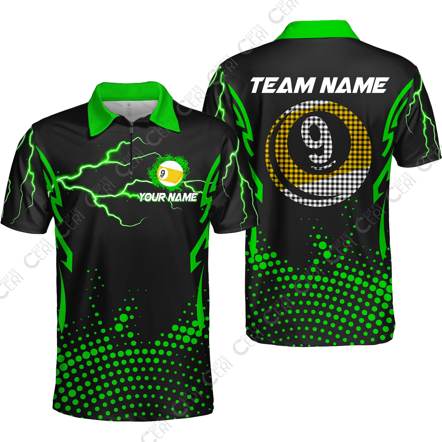 Customized Billiards Quarter-Zip Polo Shirt, Lightning Graphics With Dots 9 Ball Pool Jersey