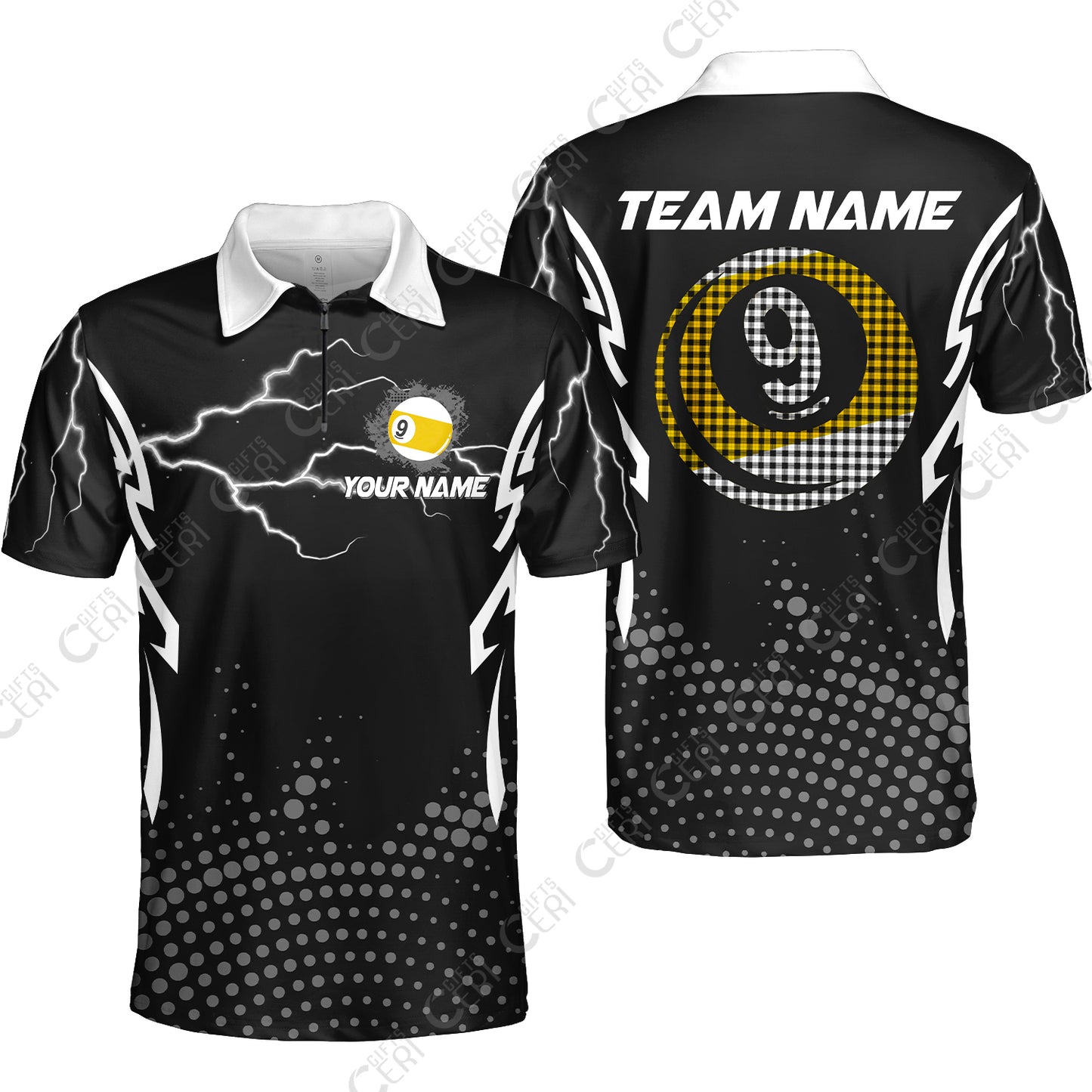 Customized Billiards Quarter-Zip Polo Shirt, Lightning Graphics With Dots 9 Ball Pool Jersey