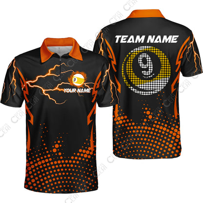 Customized Billiards Quarter-Zip Polo Shirt, Lightning Graphics With Dots 9 Ball Pool Jersey