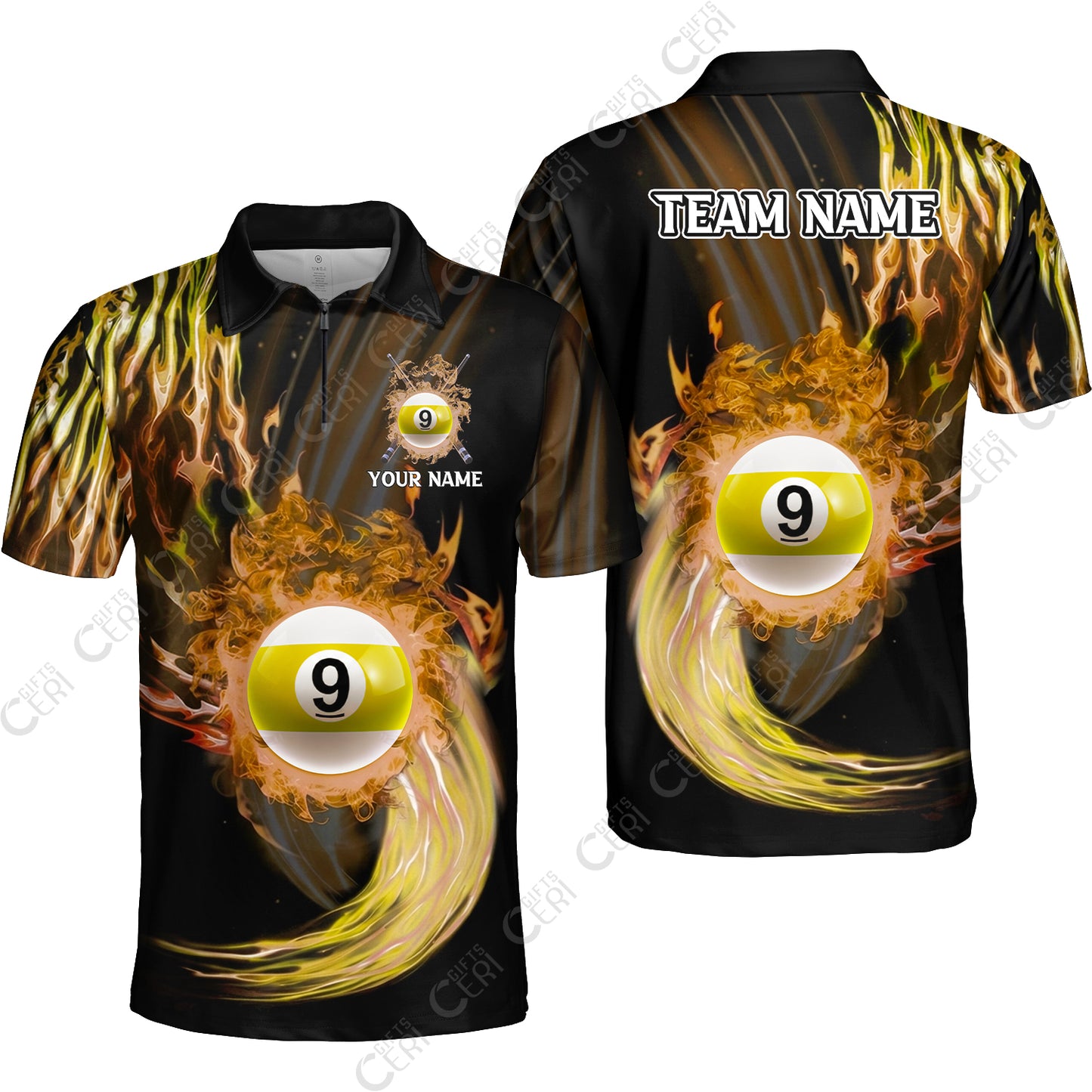 Customized 9 Ball Pool Quarter-Zip Polo Shirt, 9-Ball Swirling Fire And Glowing Smoke, Billiards Jerseys