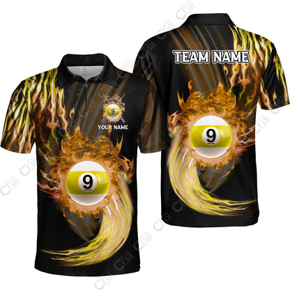 Customized 9 Ball Pool Quarter-Zip Polo Shirt, 9-Ball Swirling Fire And Glowing Smoke, Billiards Jerseys