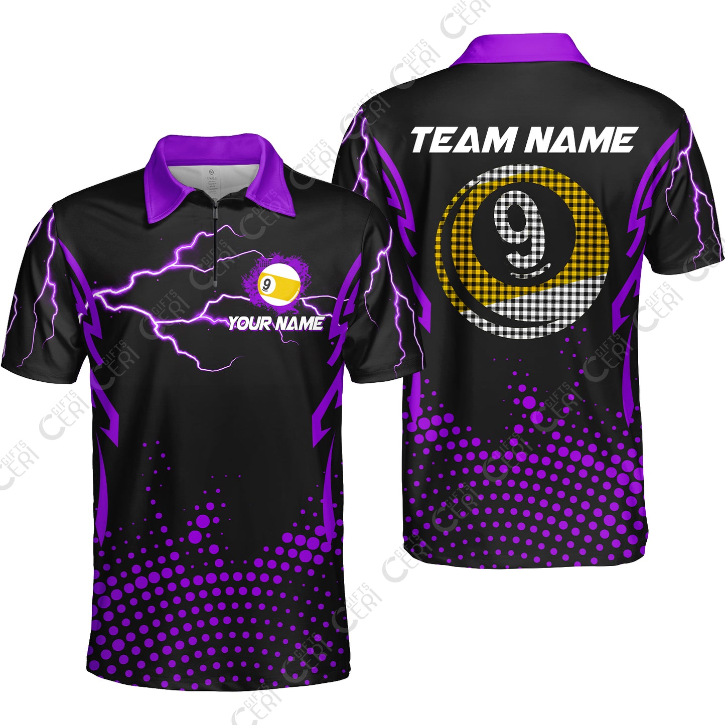 Customized Billiards Quarter-Zip Polo Shirt, Lightning Graphics With Dots 9 Ball Pool Jersey