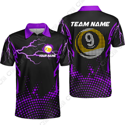 Customized Billiards Quarter-Zip Polo Shirt, Lightning Graphics With Dots 9 Ball Pool Jersey