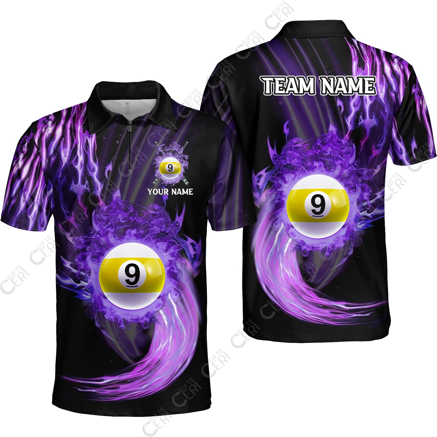 Customized 9 Ball Pool Quarter-Zip Polo Shirt, 9-Ball Swirling Fire And Glowing Smoke, Billiards Jerseys