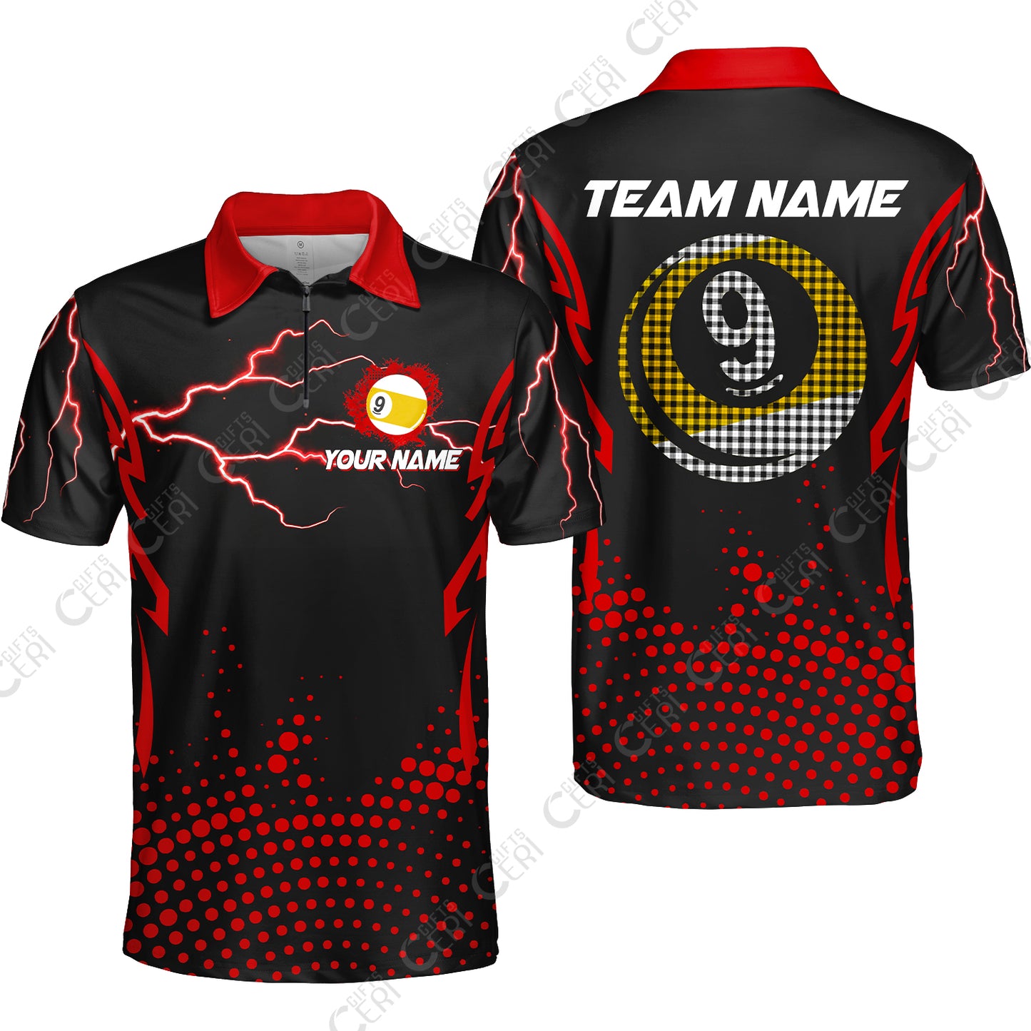 Customized Billiards Quarter-Zip Polo Shirt, Lightning Graphics With Dots 9 Ball Pool Jersey
