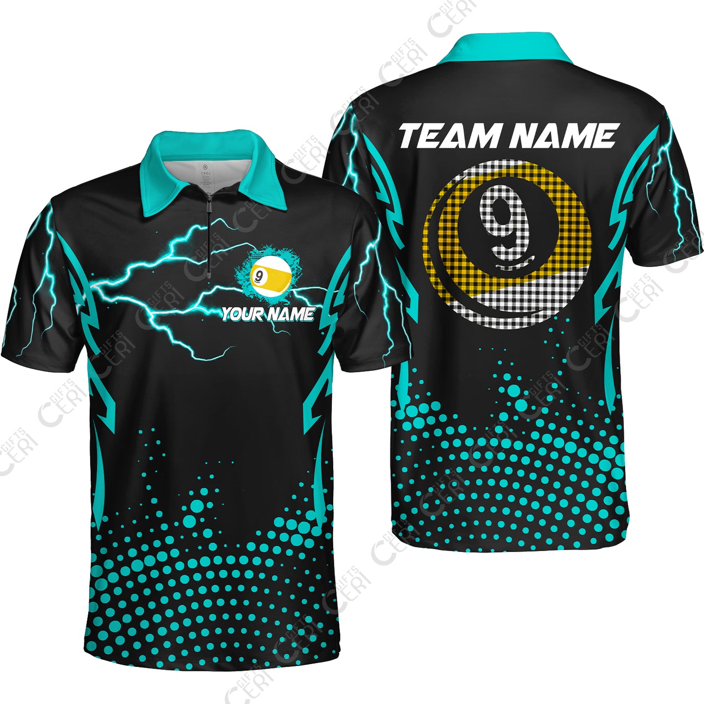 Customized Billiards Quarter-Zip Polo Shirt, Lightning Graphics With Dots 9 Ball Pool Jersey