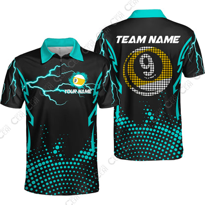 Customized Billiards Quarter-Zip Polo Shirt, Lightning Graphics With Dots 9 Ball Pool Jersey
