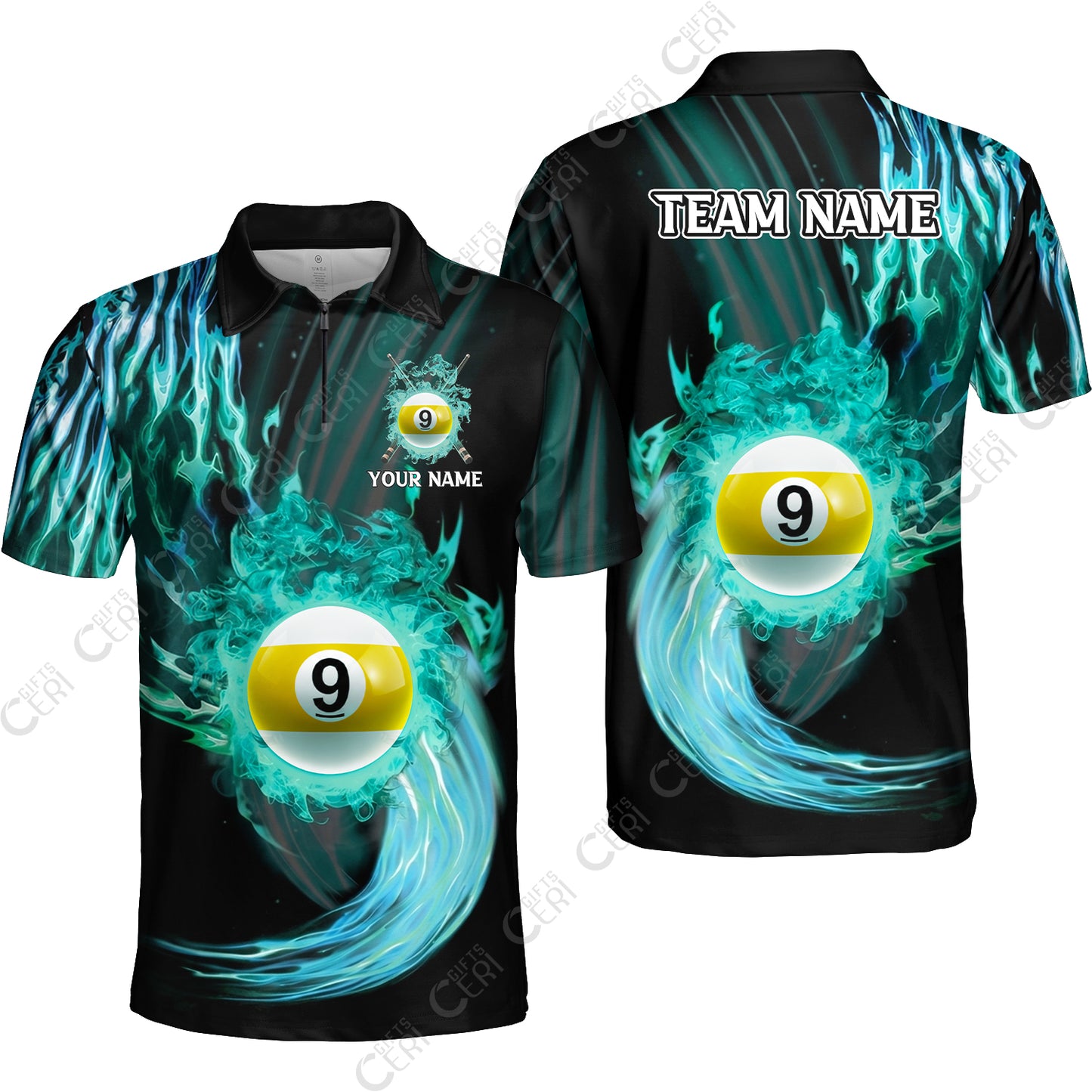 Customized 9 Ball Pool Quarter-Zip Polo Shirt, 9-Ball Swirling Fire And Glowing Smoke, Billiards Jerseys