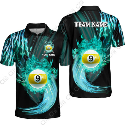 Customized 9 Ball Pool Quarter-Zip Polo Shirt, 9-Ball Swirling Fire And Glowing Smoke, Billiards Jerseys