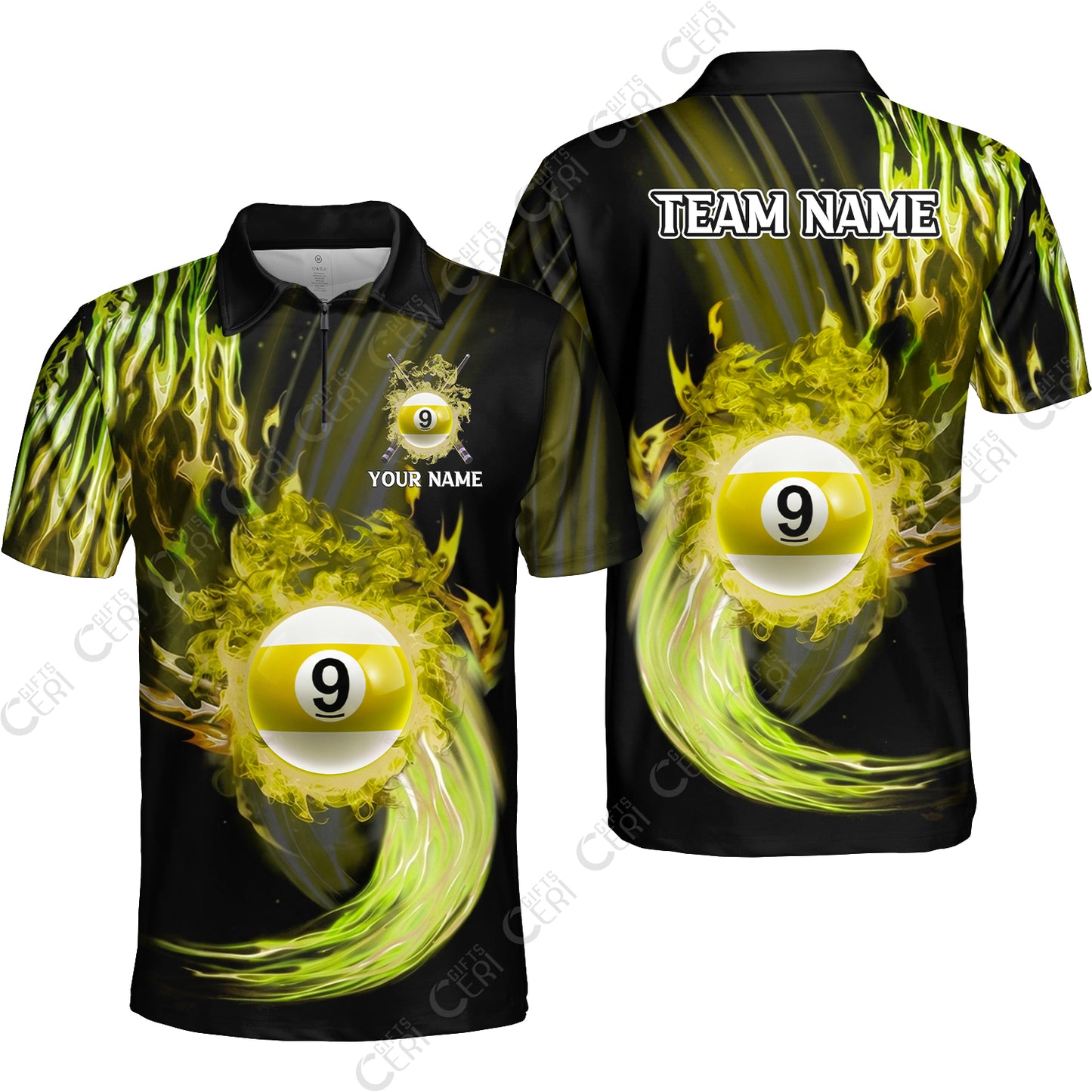 Customized 9 Ball Pool Quarter-Zip Polo Shirt, 9-Ball Swirling Fire And Glowing Smoke, Billiards Jerseys