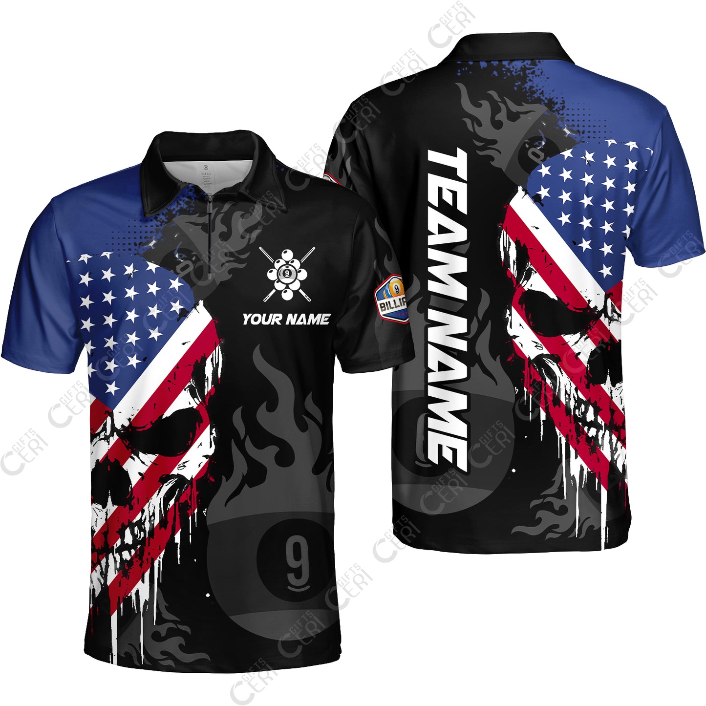 Customized 9 Ball Pool Quarter-Zip Polo Shirt, Billiards 9-Ball Flame And The Skull With American Flag, Billiards Jerseys