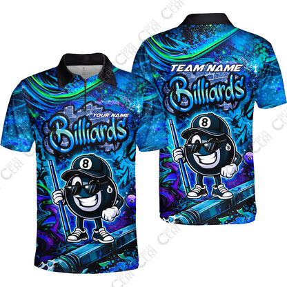 Customized Billiards Quarter-Zip Polo Shirt, Personalized Street Graffiti 8 Ball Jersey Gift For Billiard Players