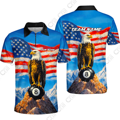 Customized Billiards Quarter-Zip Polo Shirt, Personalized American Flag With Eagle 8 Ball Jersey Gift For Billiard Players