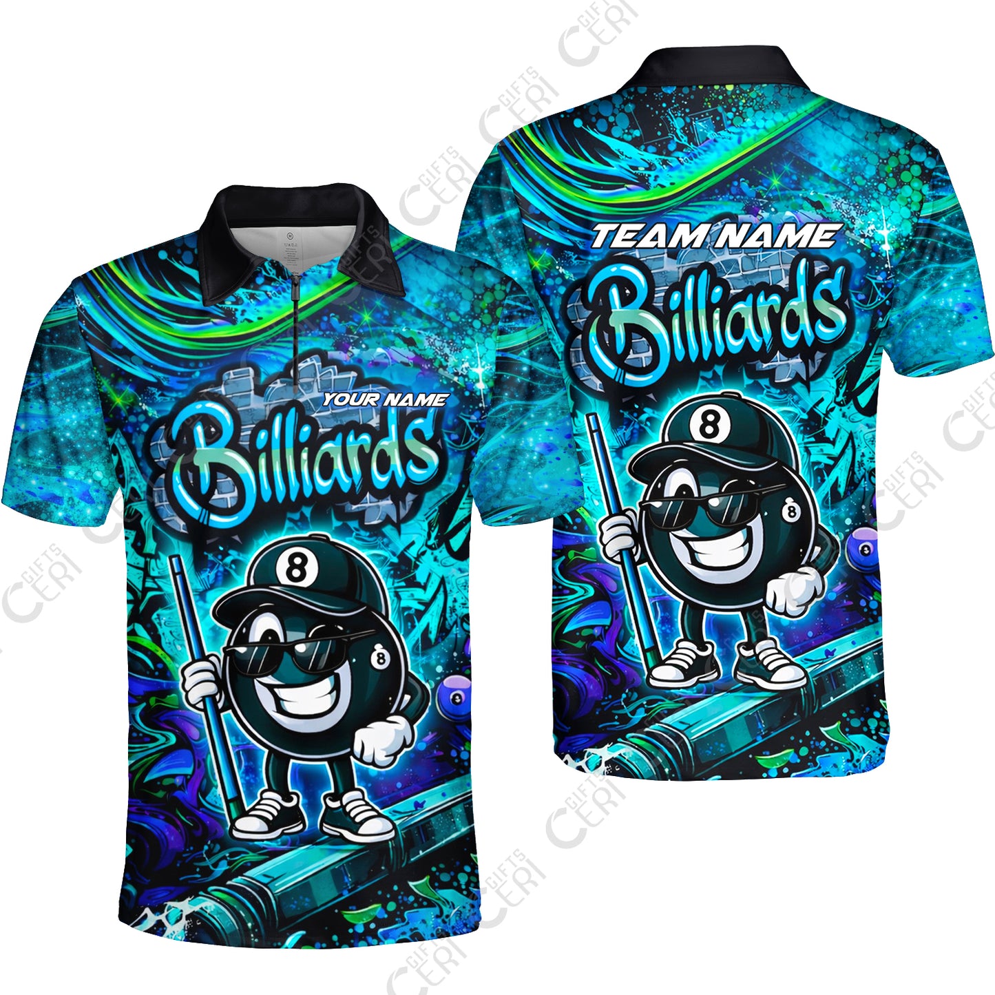Customized Billiards Quarter-Zip Polo Shirt, Personalized Street Graffiti 8 Ball Jersey Gift For Billiard Players