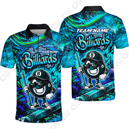 Customized Billiards Quarter-Zip Polo Shirt, Personalized Street Graffiti 8 Ball Jersey Gift For Billiard Players