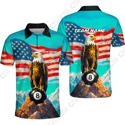 Customized Billiards Quarter-Zip Polo Shirt, Personalized American Flag With Eagle 8 Ball Jersey Gift For Billiard Players