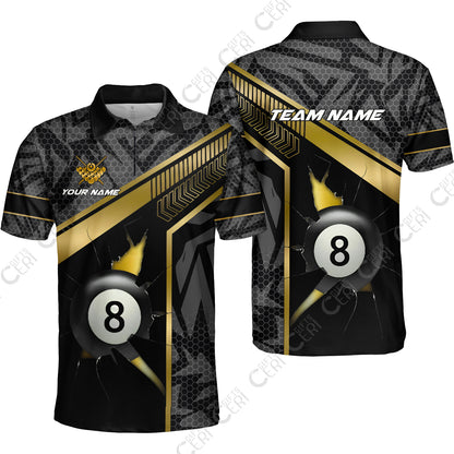 Customized Billiards Quarter-Zip Polo Shirt, Personalized Hexagonal Patterns With A Cracked Glass 8 Ball Jersey