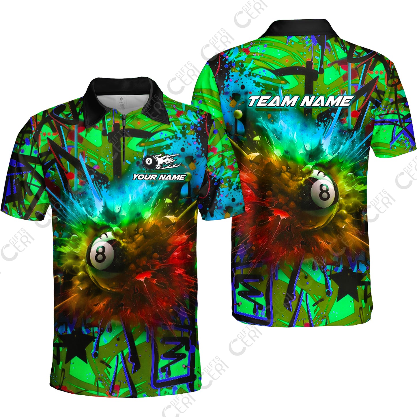 Customized Billiards Quarter-Zip Polo Shirt, Personalized Neon Chaos 8 Ball Jersey Gift For Billiard Players